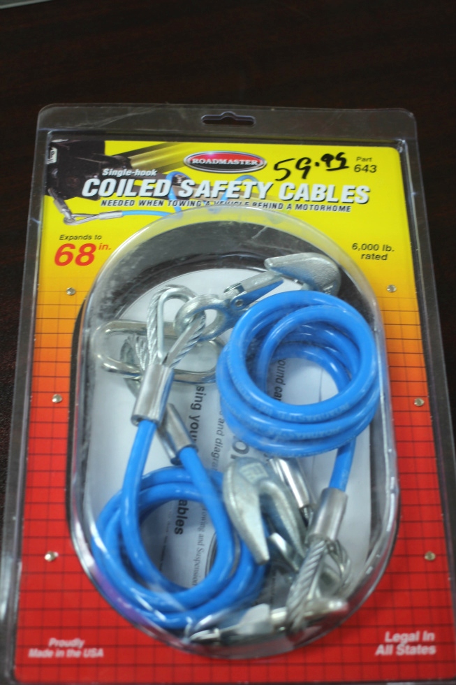 NEW RV/MOTORHOME ROADMASTER SINGLE-HOOK COILED SAFETY CABLES P/N: 643